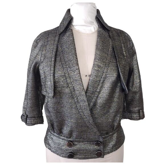 BYRON LARS Structured Metallic Gray Moto Jacket 3/4 Sleeves High Collar Size 4